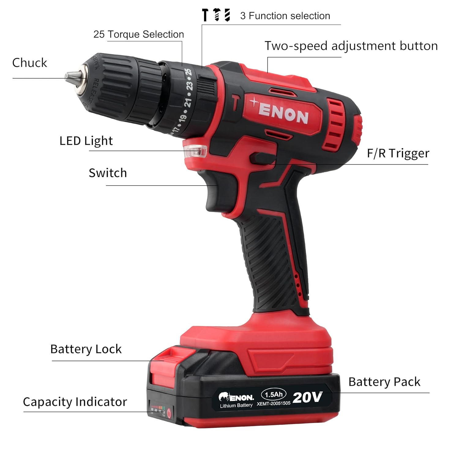 Enon Cordless Impact Drill for Home Use, 20V, 1500Rpm, Keyless Chuck 10mm, 25 Level Torque, F/R Trigger, 2 Modes, 2X1.5Ah Batteries, Drill Kit for Wood, Metal, Concrete - 6 Month Warranty (XE-CD2011) Enon Cordless Impact Drill for Home Use, 20V, 1500Rpm, Keyless Chuck 10mm, 25 Level Torque, F/R Trigger, 2 Modes, 2X1.5Ah Batteries, Drill Kit for Wood, Metal, Concrete - 6 Month Warranty (XE-CD2011)